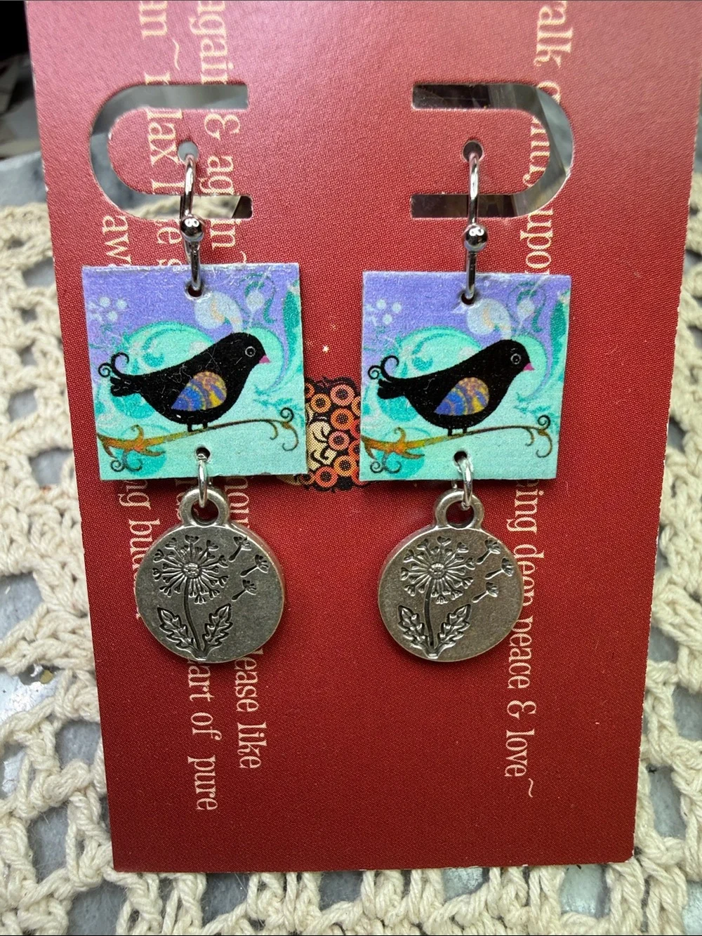 Handmade Bird Dangle artboard Earrings in Turquoise and Purple